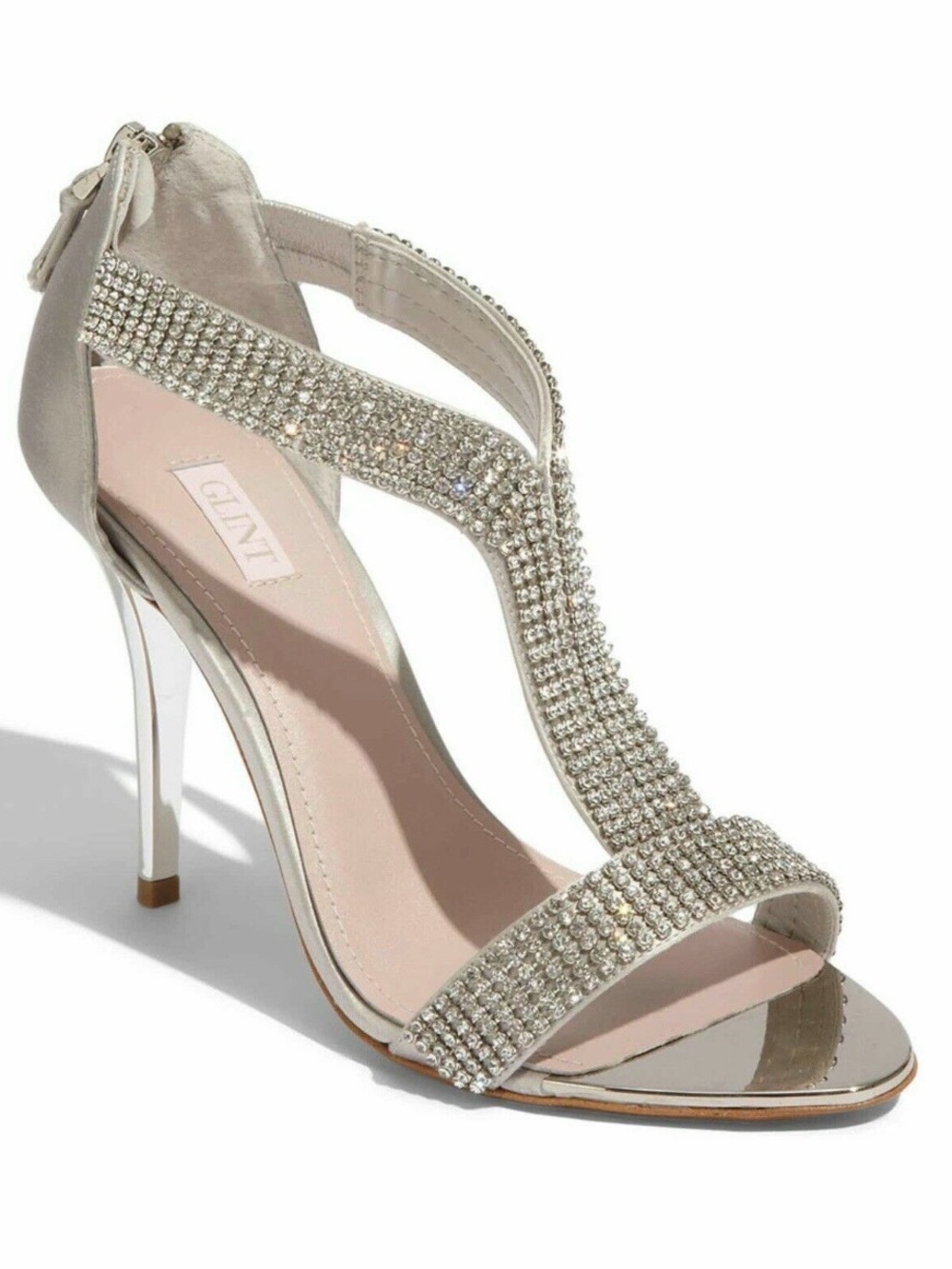 Glint Silver Rhinestone Crystal Strappy Heels Sandals Size 8.5